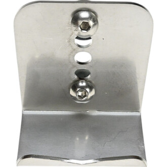 Talonette en inox avec vis, présentant une surface lisse et un design robuste. Elle comporte deux vis métalliques et un trou central.