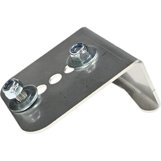 Talonette en inox avec deux vis et écrous, design plat et légèrement incurvé, conçue pour des fixations robustes.